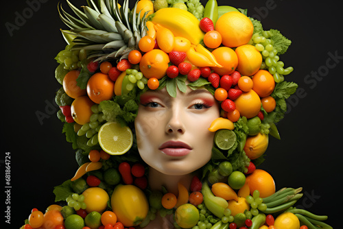 Human head made of fruit showing green healthy vegetarian vegan lifestyle. Healthy lifestyle concept. photo