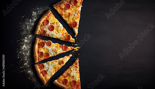 Pizza slice black background space text Top view levitation cheese closeup composition concept cook cooking copy cookery culinary delicious dinner dough eating fast food fresh epicure homemade