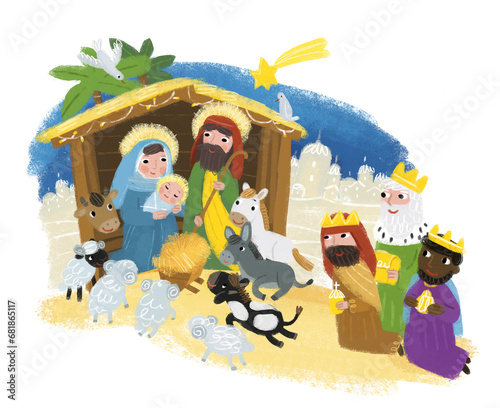 cartoon illustration of the holy family josef mary traditional scene illustration for children © honeyflavour