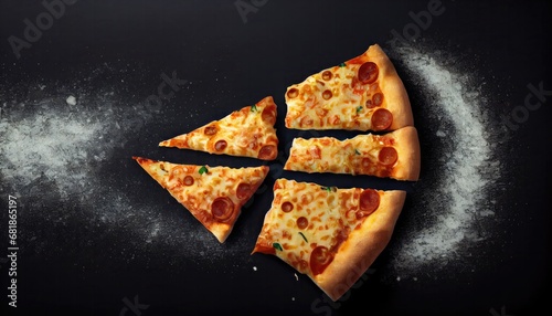 Pizza slice black background space text flour Italy Top view levitation meatball melted menu mozzarella pepper pepperoni promotional eatery salami sliced snack table tasty tomatoes topview