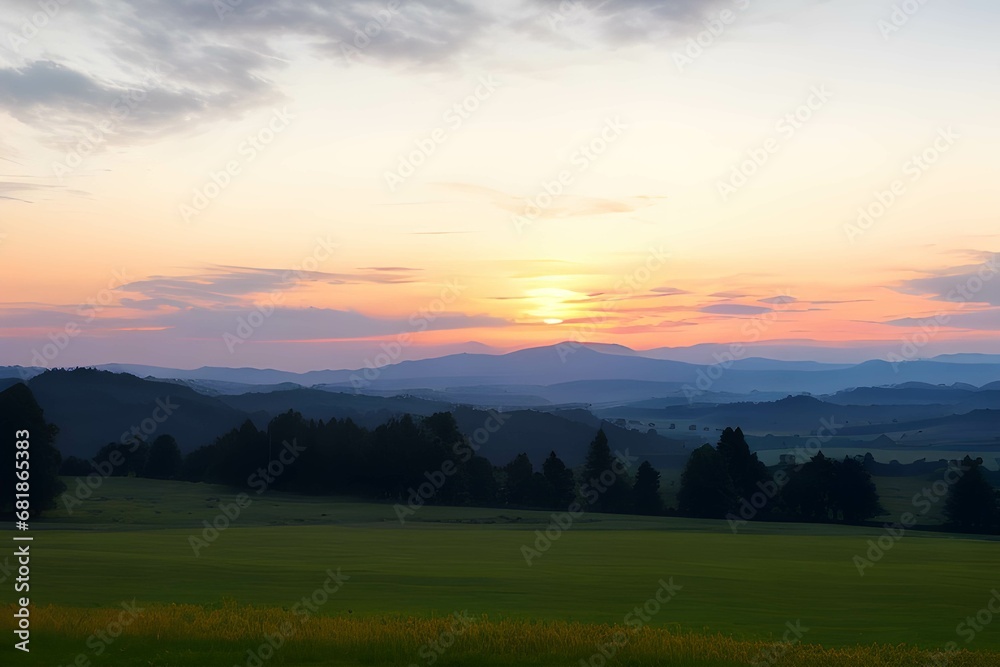 “朝焼けの山並み：オレンジ、ピンク、青のグラデーションが広がる空と、その下に広がる暗青色の山々のシルエット、そして前景には緑の野原が広がる、日の出または日没の風景
