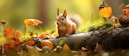 In the heart of Europe, a beautiful green forest showcased the stunning beauty of nature during the summer, as cute animals roamed freely amidst the tall trees and vibrant autumn leaves, enchanting photo