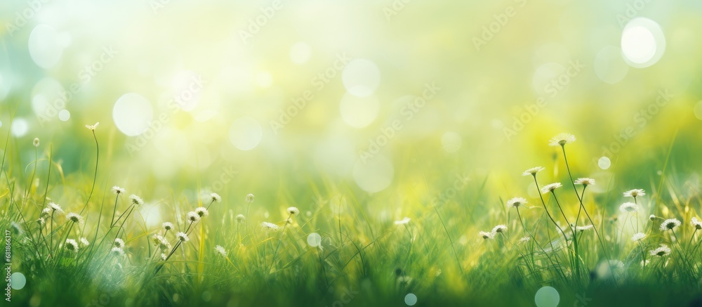 Fototapeta premium In the middle of the vibrant summer garden, a young, abstract design emerged on the grass, with textured leaves dancing under the warm sun- a burst of green color, highlighting the growth and beauty