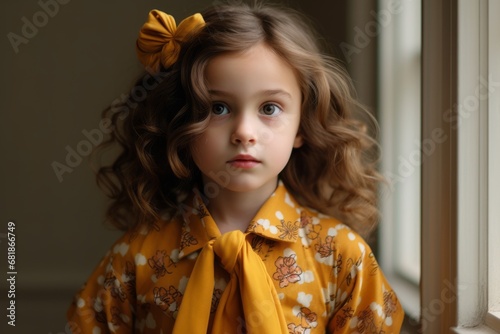 portrait of a beautiful little girl with curly hair in a yellow dress