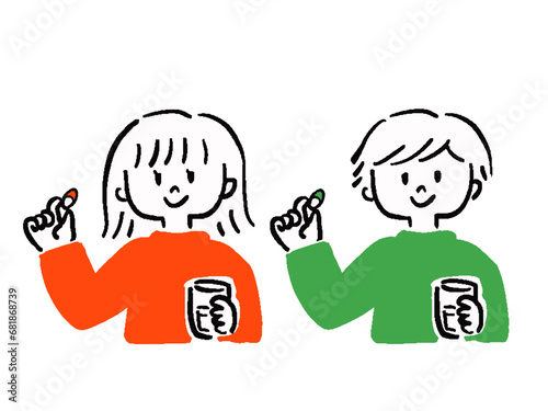 カプセル薬剤を飲もうとする男性と女性のシンプルなイラストセット　バストアップ