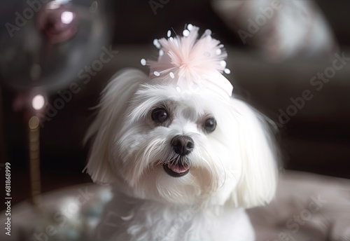 A small white dog with a pink flower in its hair