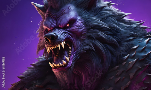 Purple Werewolf Portrait Background Image Digital Render Banner Website Horror Poster Halloween Card Template