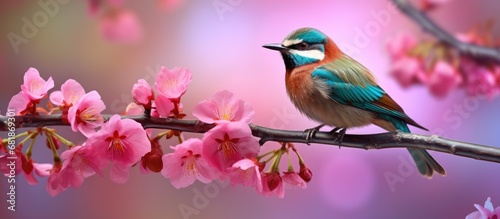In the colorful garden, amidst the beautiful foliage and vibrant cherry blossoms of spring, a cute little bird perched on a green tree, enjoying the breathtaking display of nature's hues. © 2rogan