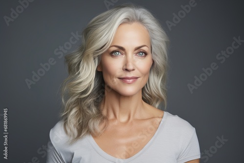 Portrait of beautiful mature woman with grey hair. Studio shot.