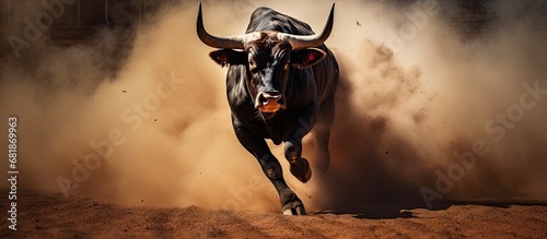 In Spain, bullfighting is a dangerous tradition deeply rooted in Spanish culture, where black bulls with powerful horns showcase the raw and intense emotions of both the audience and the brave
