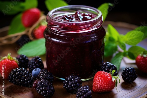 Tangy Jar wild berry jam. View spoon. Generate Ai