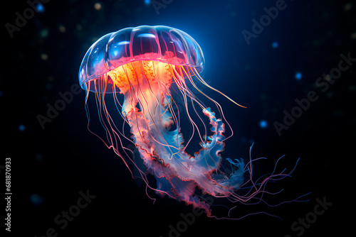 Bioluminescent jellyfish in the ocean's depths, radiating an otherworldly glow in the darkness. © Uliana