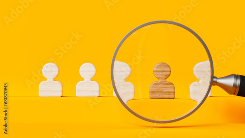 Five professional profiles reviewed by a magnifying glass on orange stage, human resources and labor