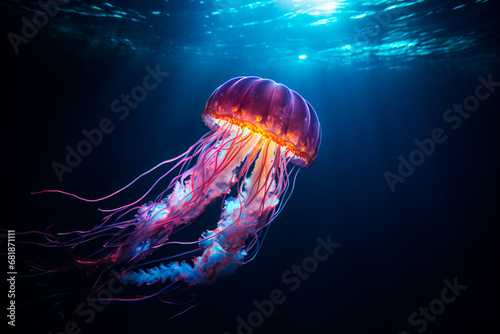 Bioluminescent jellyfish in the ocean's depths, radiating an otherworldly glow in the darkness. © Uliana