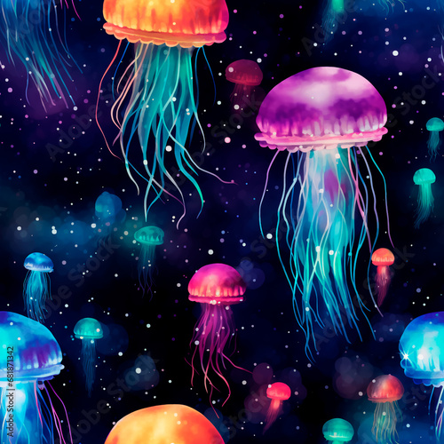 Seamless pattern: Colorful jellyfishes blend with a night galaxy in a bright, watercolor-style wallpaper illustration.