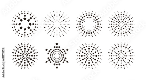 Set of star radial graphic illustrations of simple, modern, geometric and abstract shapes. Pattern and background design elements.
