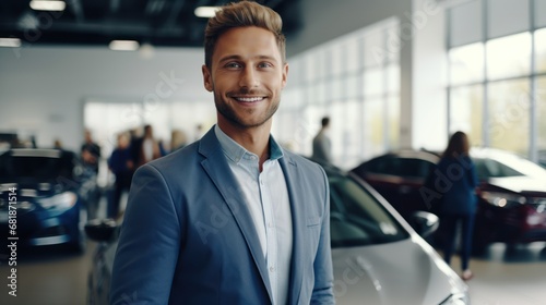 Man happy customer for buyer new car auto, male want buy automobile in showroom vehicle dealership store motor show indoor Sales © Space_Background