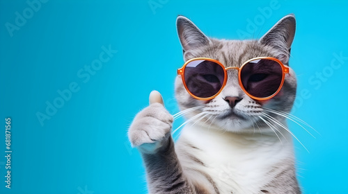 Cat wearing sunglasses and giving thumb up.
