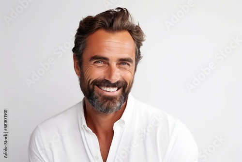 Handsome middle aged man smiling at the camera while standing against grey background