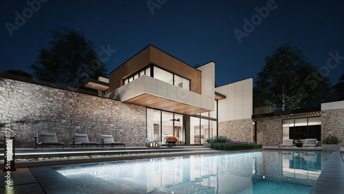 Architecture 3d rendering illustration of modern houses with natural landscape , night time © HO
