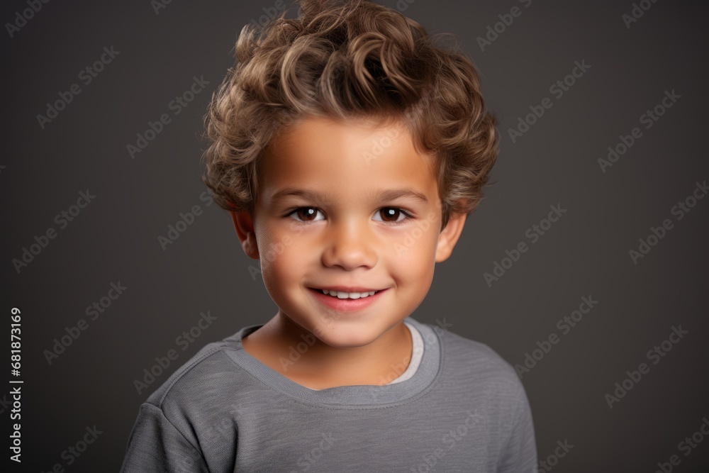 Portrait of a cute little boy with curly hair on grey background Portrait of a cute little boy with curly hair on grey background