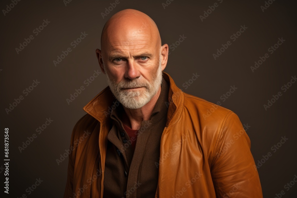 Portrait of an old man with a gray beard in a brown leather jacket.