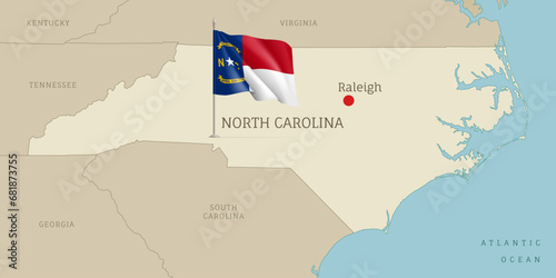 Map of North Carolina USA federal state with waving flag. Highly detailed editable map of North Carolina state with territory borders  neighboring states and Raleigh capital city vector illustration