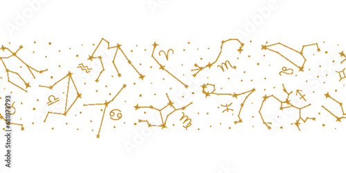 Golden zodiac constellations, astrology seamless pattern on white. Constellations of shiny gold stars repeating print, starry sky, astrological forecast, horoscope vector illustration
