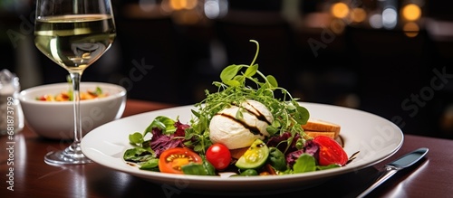 In the luxury restaurant  the background was adorned with exquisite decor as a top view captured the white table set with a plate of healthy breakfast  including cheese  salad  and drizzled with red
