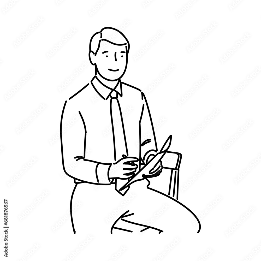 Vector illustration of a man in a shirt and tie sitting on a chair and writing on a notebook. Vector illustration of a man in a shirt and tie sitting on a chair and writing on a notebook.