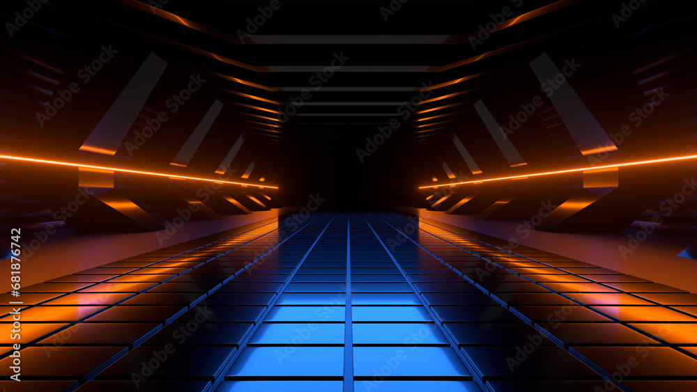 Fototapeta premium Sci Fi neon glowing lines in a dark tunnel. Reflections on the floor and ceiling. 3d rendering image. Abstract glowing lines. Technology futuristic background.