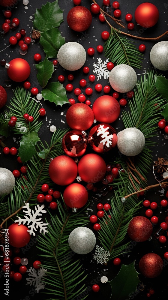 Christmas lay out, realistic photography, red, green and white colors. Holiday ornaments background