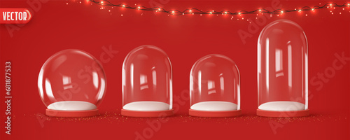Set of Glass snow globe Christmas decorative design. Podium under transparent glass dome with white snowdrift, glow garland. Xmas red round scene. Red and white Studio. Stand for Promotion Product