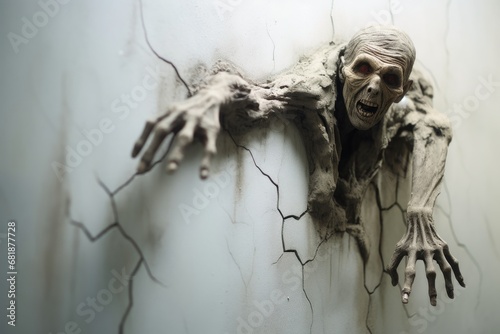 A creepy figure crawls right out of the wall.