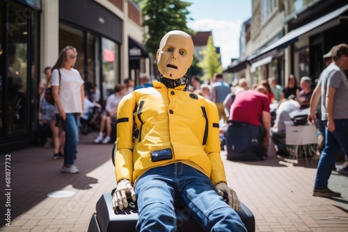 A crash test dummy in a shopping street. photo