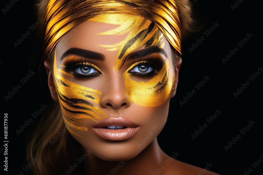 A portait of a stunning woman with a golden face makeup.