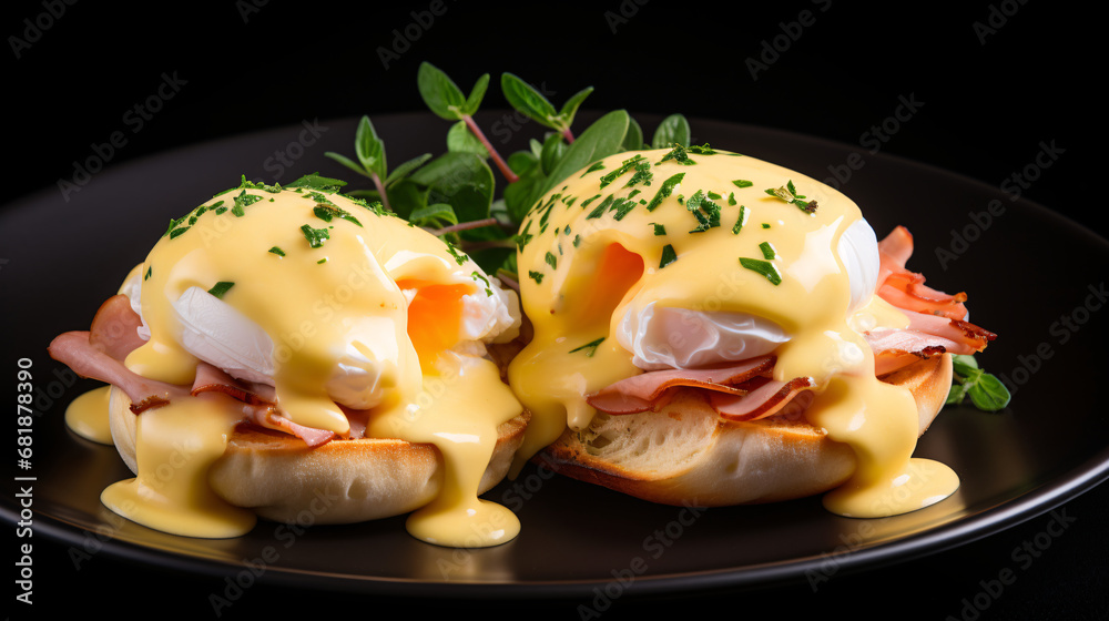 Eggs benedict with hollandaise sauce, bacon and poached eggs on black plate or background. Cheese, chives, on bread. created with Generative AI Eggs benedict with hollandaise sauce, bacon and poached eggs on black plate or background. Cheese, chives, on bread. created with Generative AI