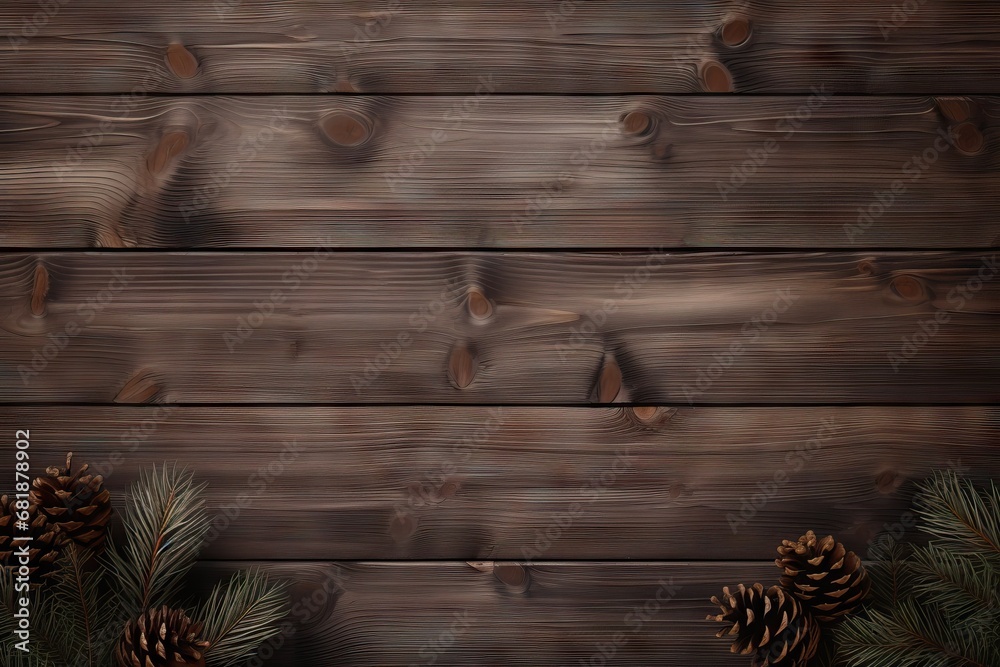 Dark wooden background with pine cones and fir tree branches. New Year, Christmas and holidays greeting card, frame, banner. Flat lay, top view with copy space Dark wooden background with pine cones and fir tree branches. New Year, Christmas and holidays greeting card, frame, banner. Flat lay, top view with copy space