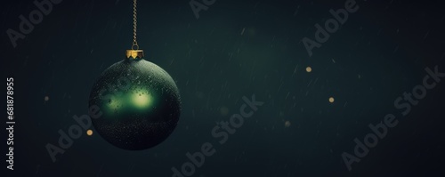 Christmas glass green ball hanging on fir tree. Christmas tree toy on dark emerald background with stars. New year decoration, festive atmosphere concept. Banner or greeting card with copy space
