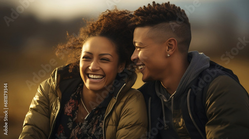 black couple smiling happy at sunset