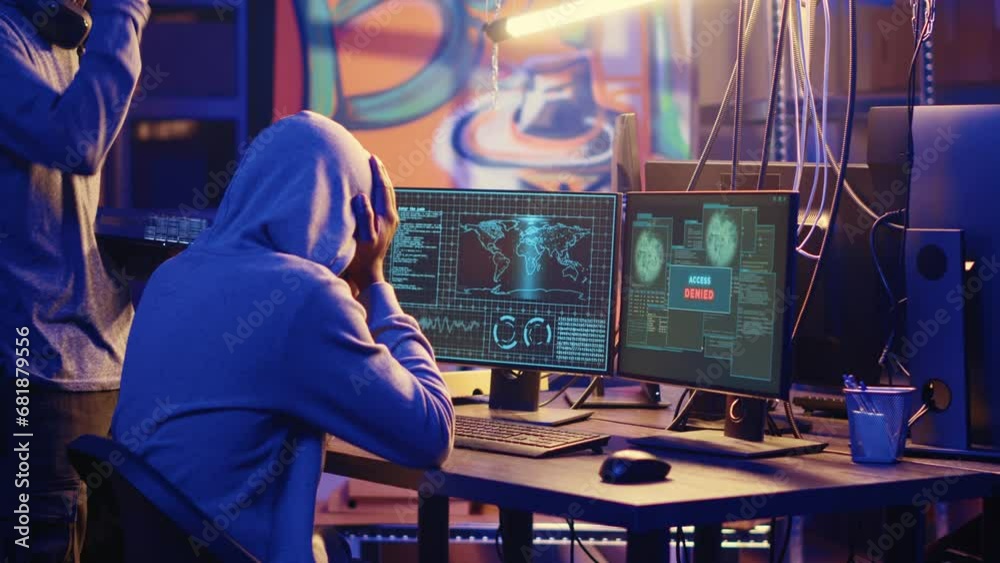 BIPOC hackers in secret headquarters targeting vulnerable unpatched connections, frustrated after failing to get past computer defenses and steal valuable sensitive data, access denied error
