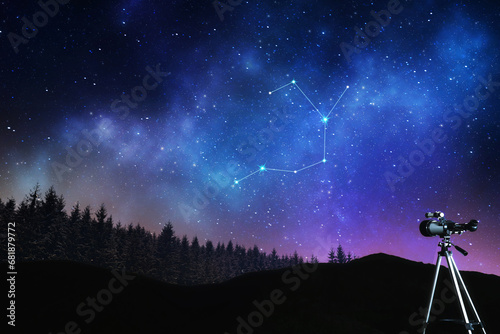 Sagittarius (Archer) constellation in starry sky over conifer forest at night. Stargazing with telescope photo