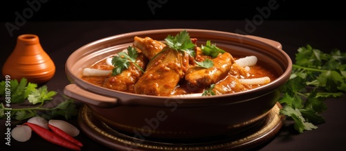 In a close up shot, a heavy Asian dish delicately displays the tantalizing depths of its gravy-covered butter chicken, enticing with its yummy and tasty essence, embodying the rich flavors of Countryn photo