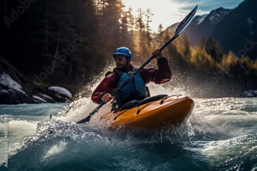 Kayaking river sport. Tourism paddle travel. Generate Ai © juliars
