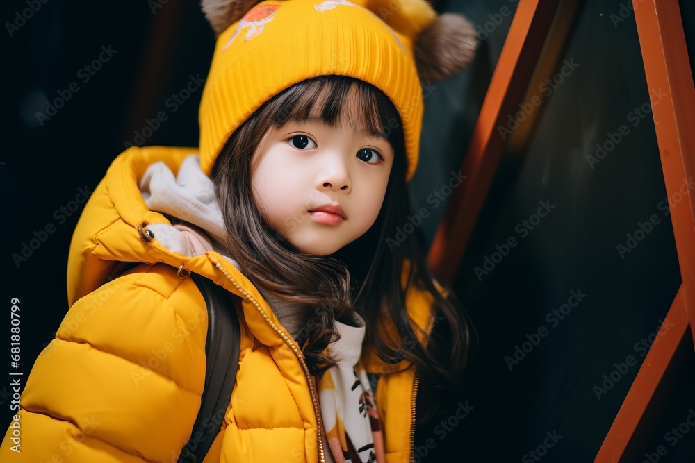 Portrait of a cute little girl in a yellow jacket and hat Portrait of a cute little girl in a yellow jacket and hat