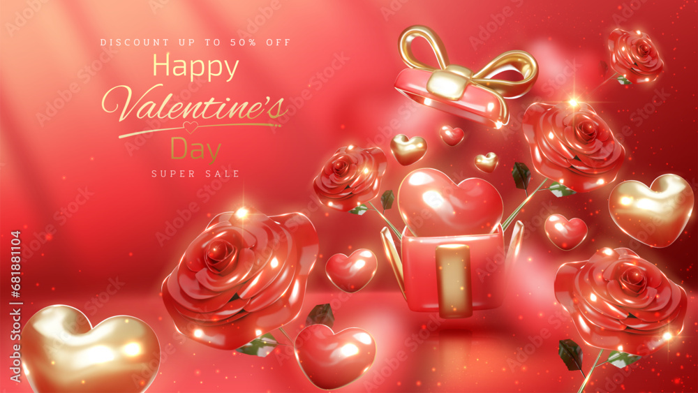 Valentine's day background with 3d heart in realistics gift box and ...