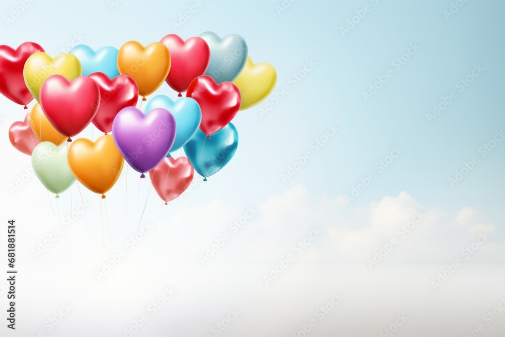 Inflatable heart shaped balloons in the sky. Background with selective focus and copy space