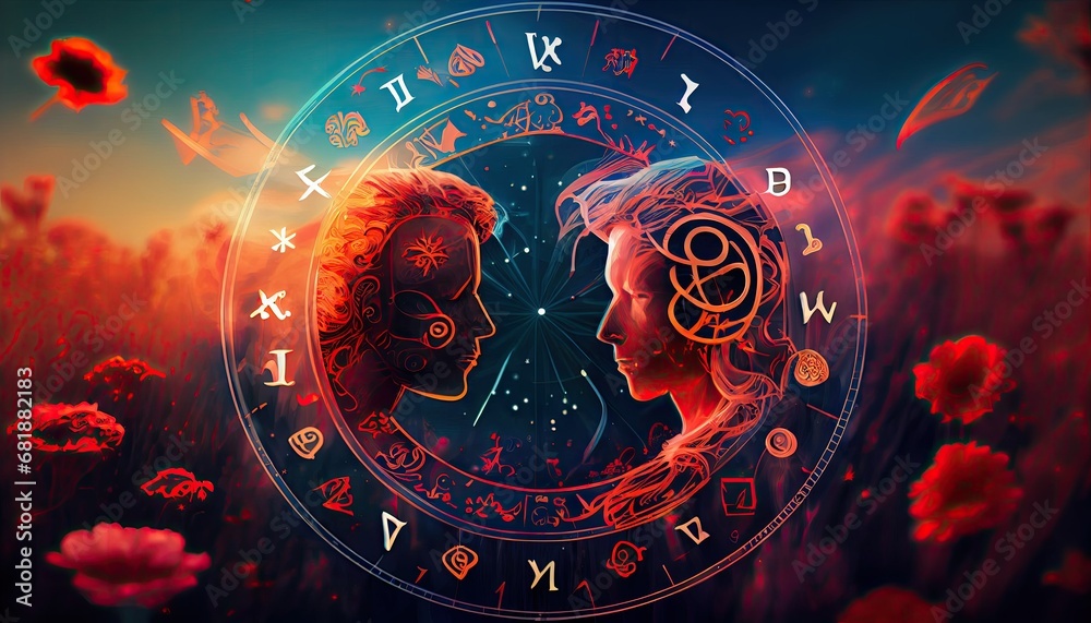 Horoscope astrology zodiac Concept romantic love signs symbol astral prediction human relationships compatibility adult best between capricorn chart dating design divination esoteric female flower - obrazy, fototapety, plakaty 