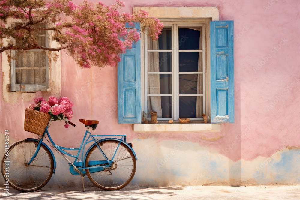 ibiza pink bike on street outside small square, spain, in the style of photo-realistic landscapes, charming, rustic scenes, contest winner, turquoise and beige.