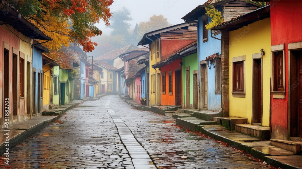 Raining. A colorful brick street lined with row houses, misty atmosphere, landscapes, traditional street scenes, colorful woodcarvings, delicate colors.